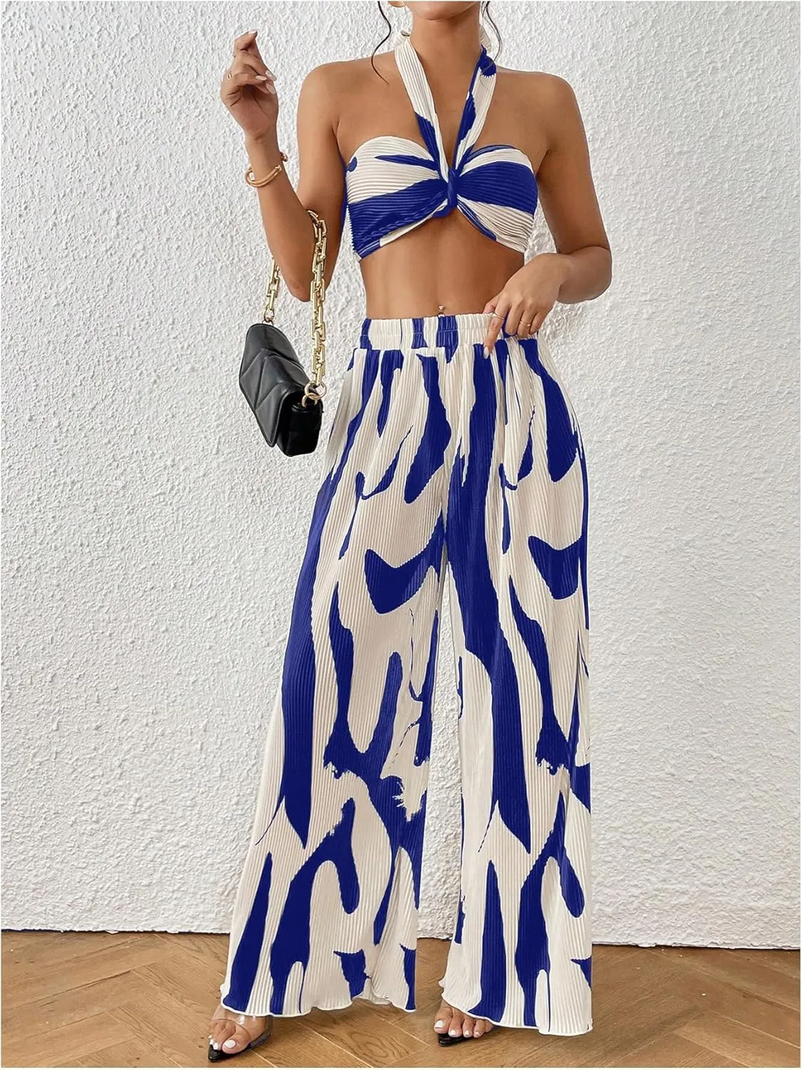 OYOANGLE Women's 2 Piece Outfits Graphic Print Knitted Crop Halter Top and Wide Leg Pants Set