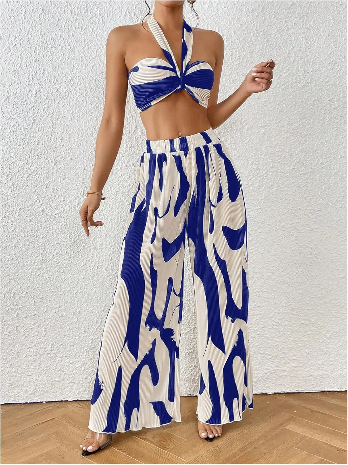 OYOANGLE Women's 2 Piece Outfits Graphic Print Knitted Crop Halter Top and Wide Leg Pants Set