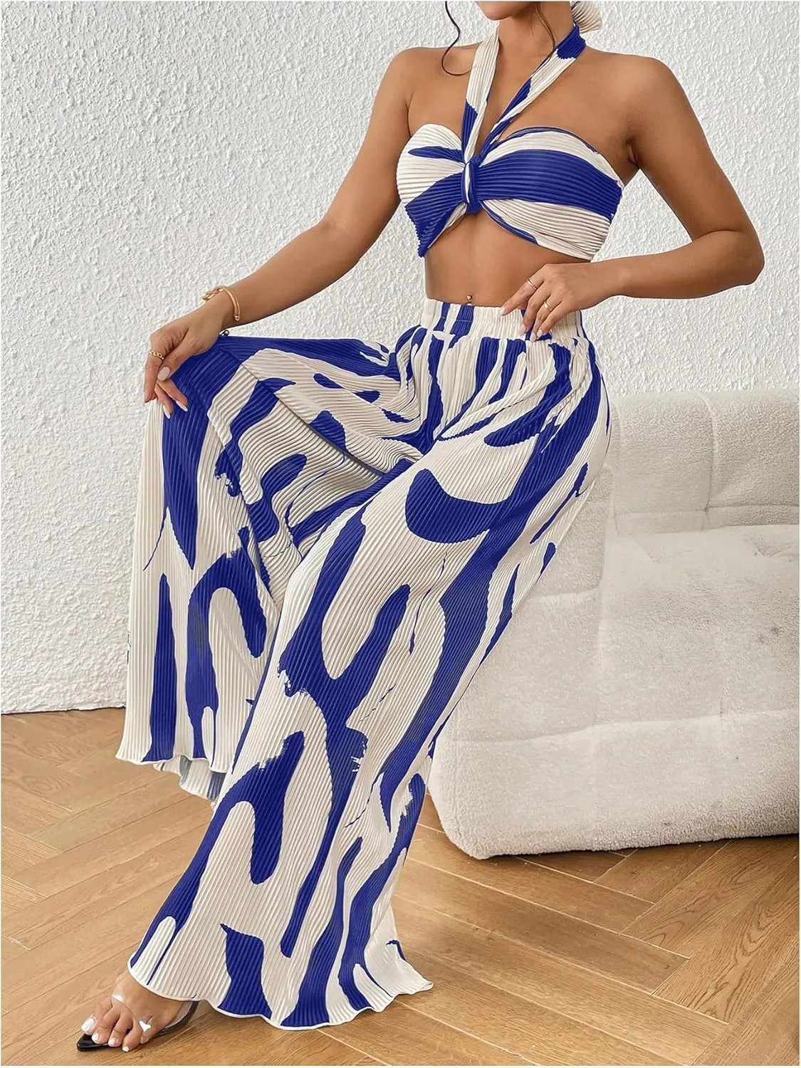 OYOANGLE Women's 2 Piece Outfits Graphic Print Knitted Crop Halter Top and Wide Leg Pants Set