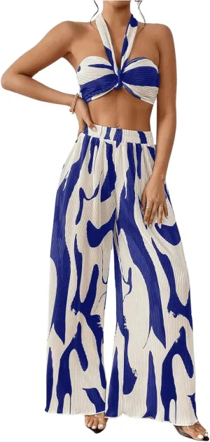 OYOANGLE Women's 2 Piece Outfits Graphic Print Knitted Crop Halter Top and Wide Leg Pants Set