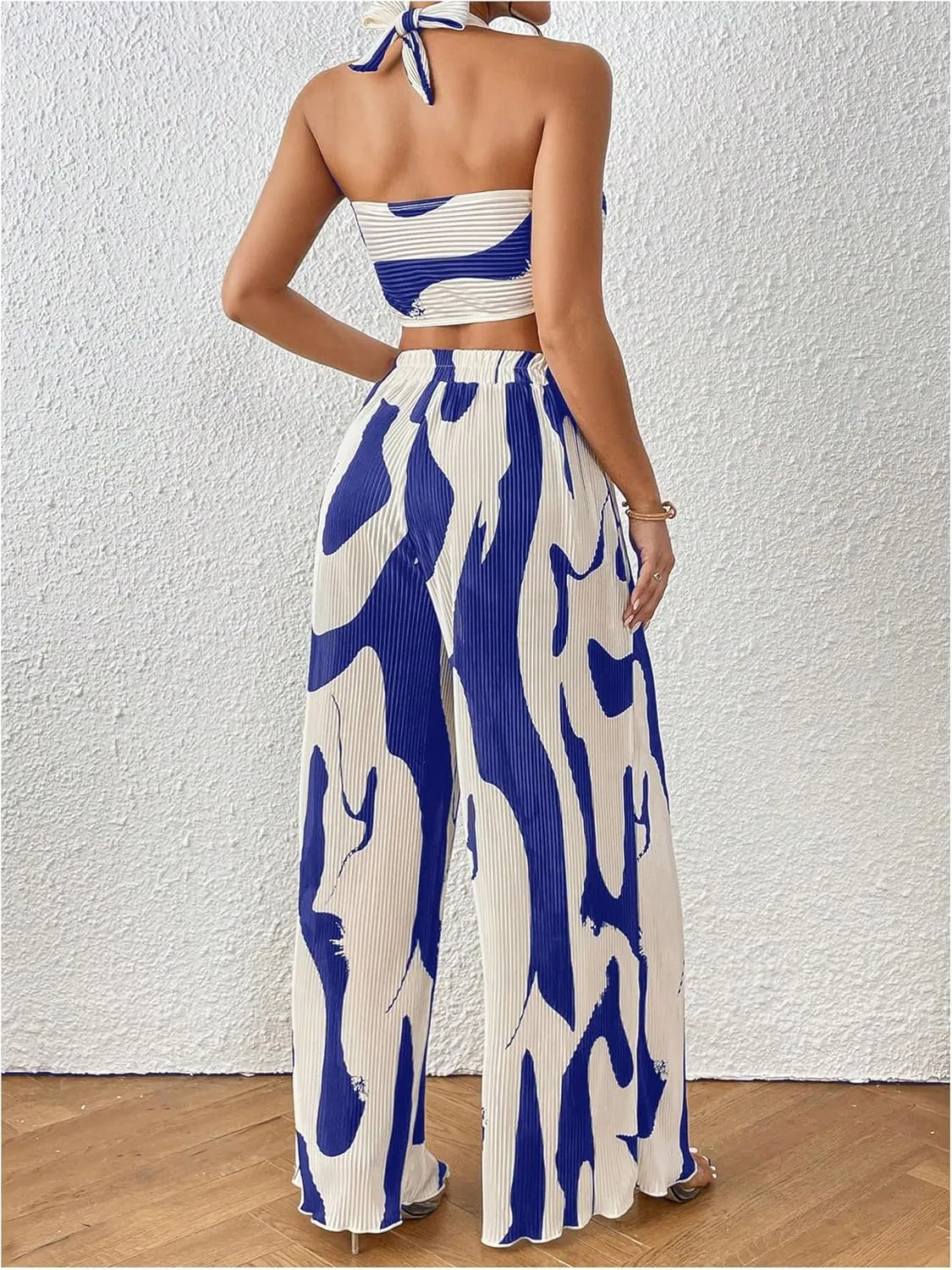 OYOANGLE Women's 2 Piece Outfits Graphic Print Knitted Crop Halter Top and Wide Leg Pants Set