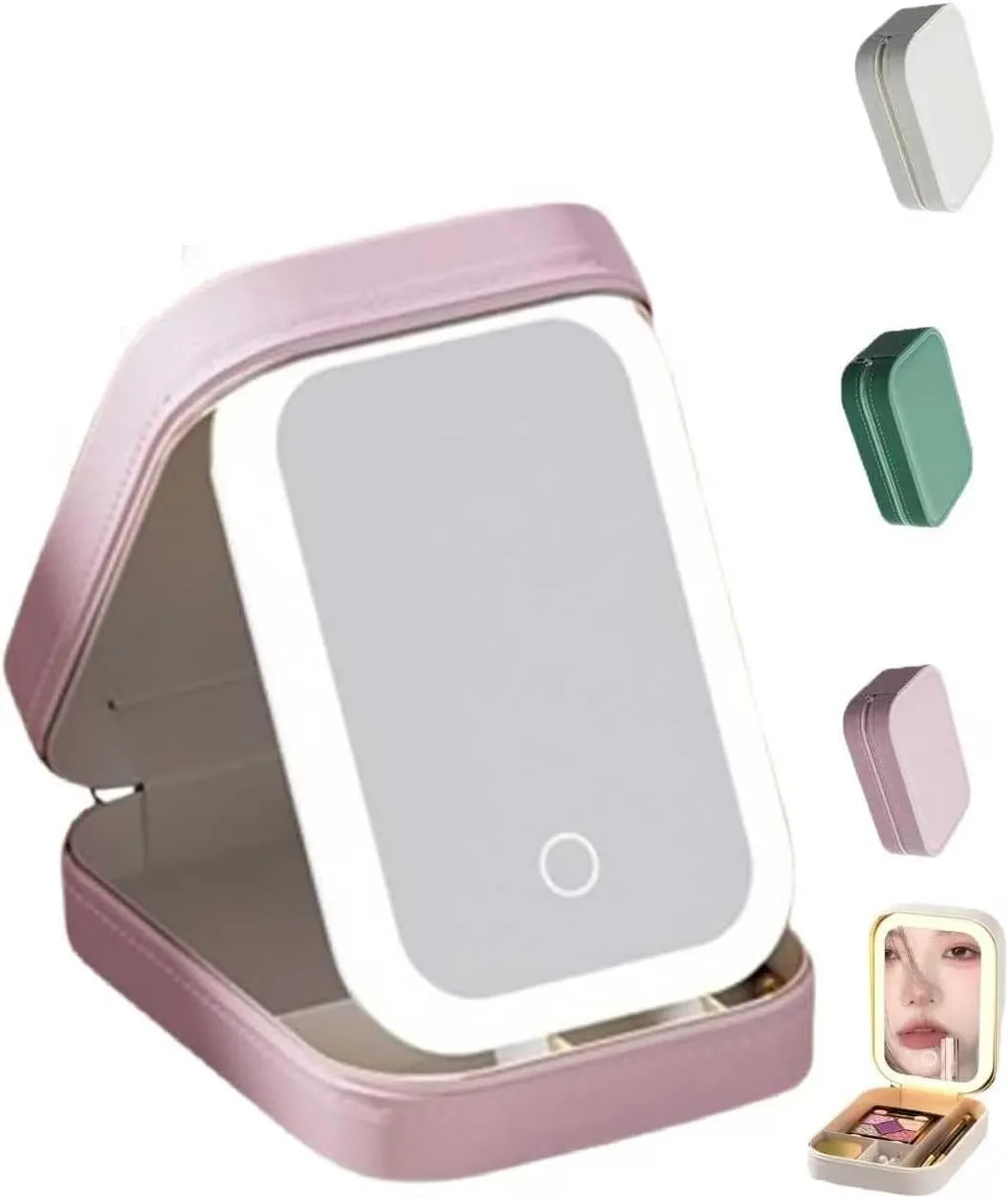 Periodicali Portable LED Travel Makeup Mirror，Periodicali Travel Makeup Mirror，Makeups Mirrors with Storage, Dustproof Cosmetic Organizer(Pink)