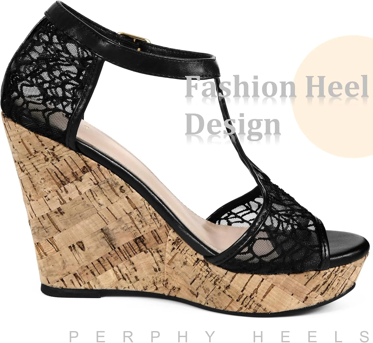 Perphy Lace Platform Wedges Open Toe T-Strap Wedge Heels Sandals for Women