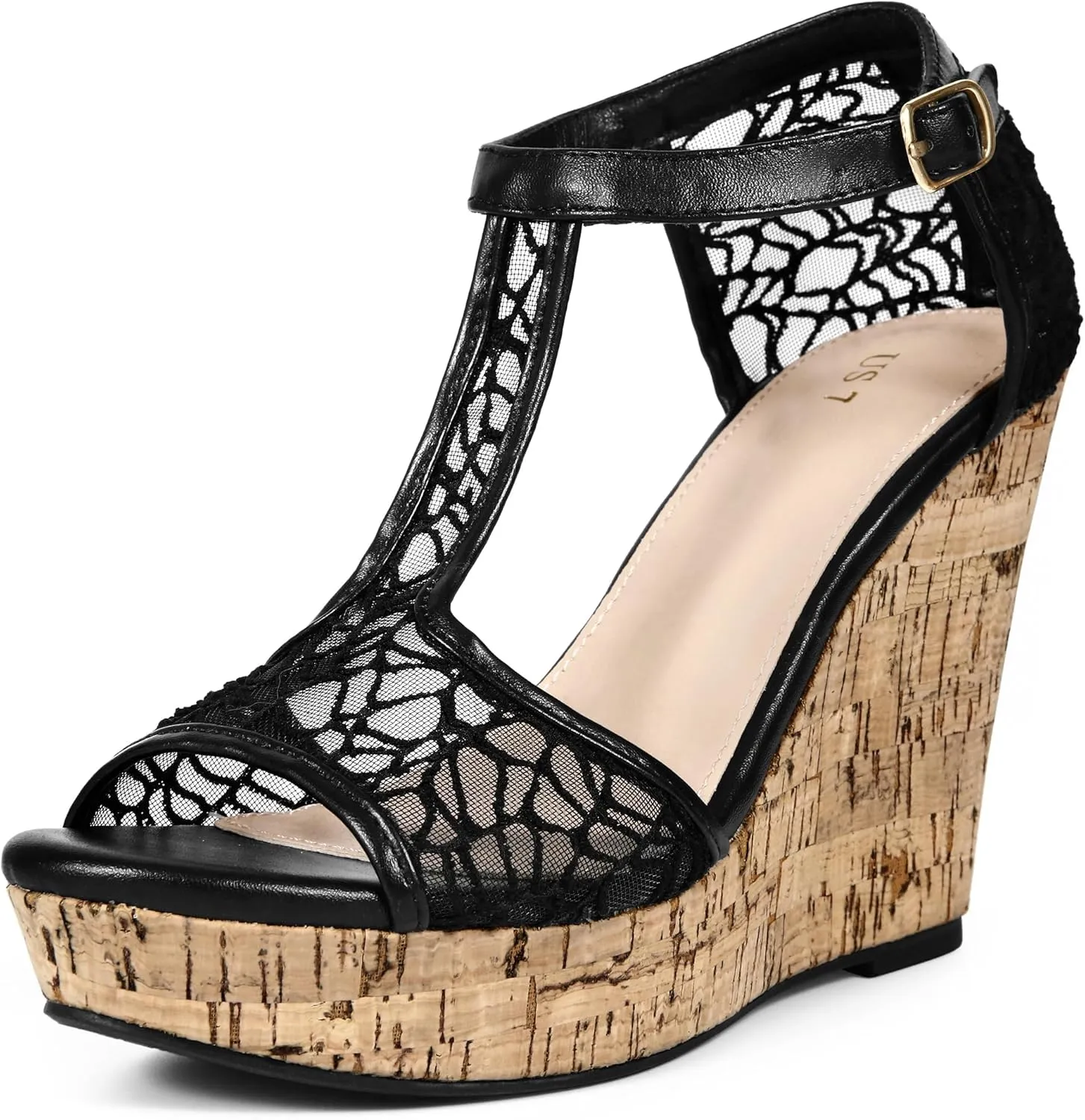 Perphy Lace Platform Wedges Open Toe T-Strap Wedge Heels Sandals for Women