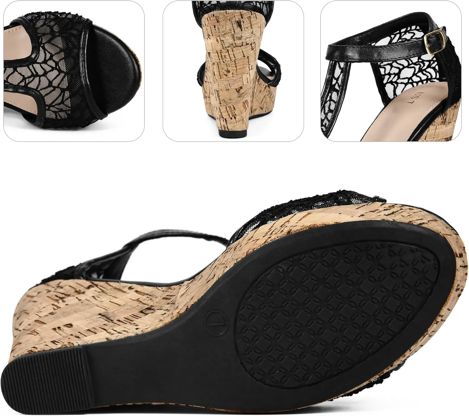 Perphy Lace Platform Wedges Open Toe T-Strap Wedge Heels Sandals for Women