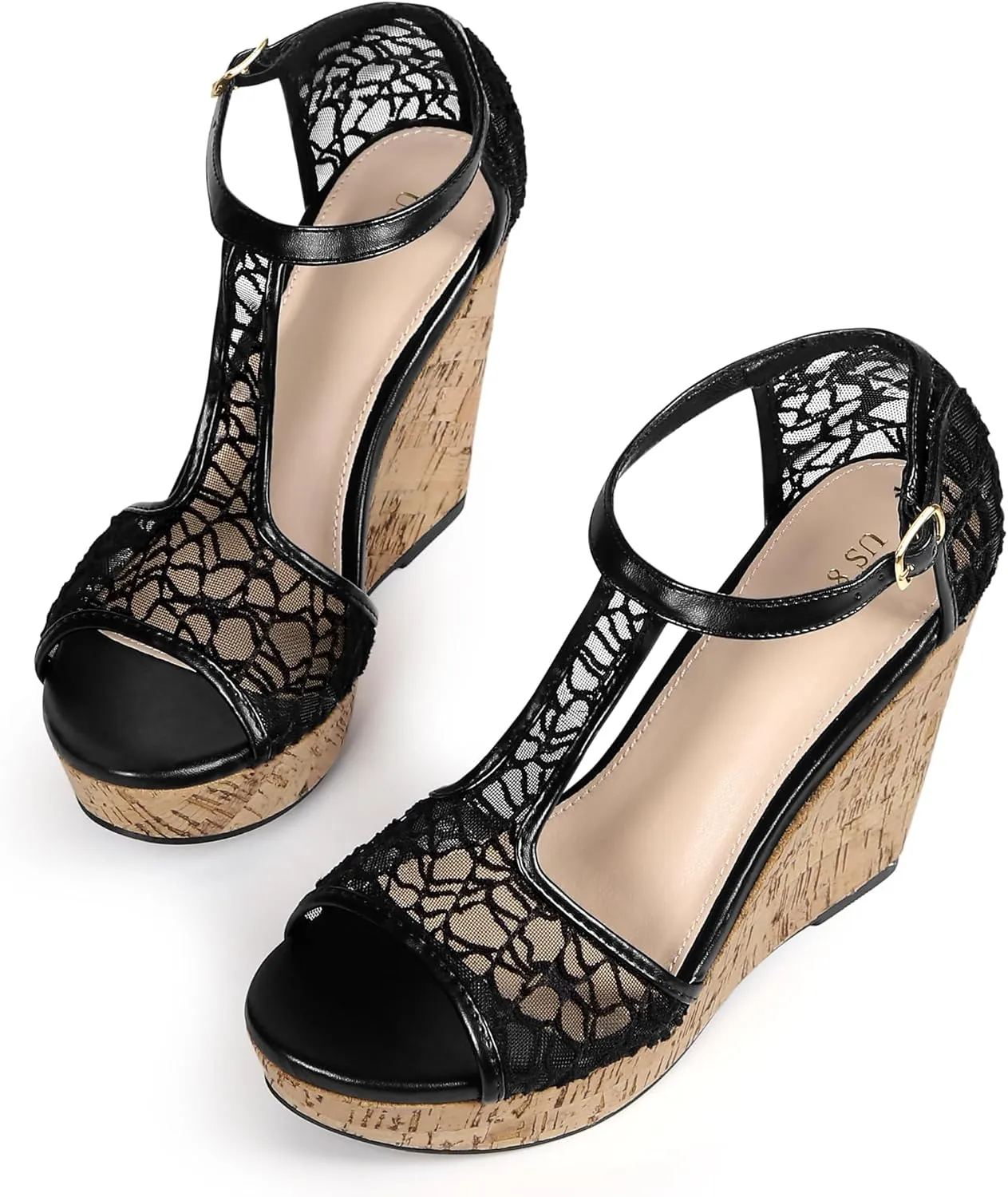 Perphy Lace Platform Wedges Open Toe T-Strap Wedge Heels Sandals for Women