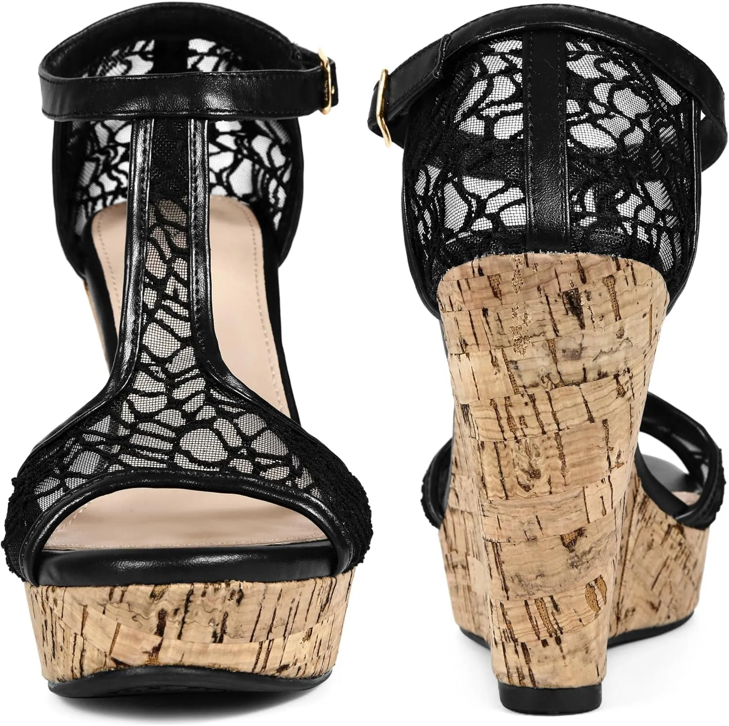 Perphy Lace Platform Wedges Open Toe T-Strap Wedge Heels Sandals for Women
