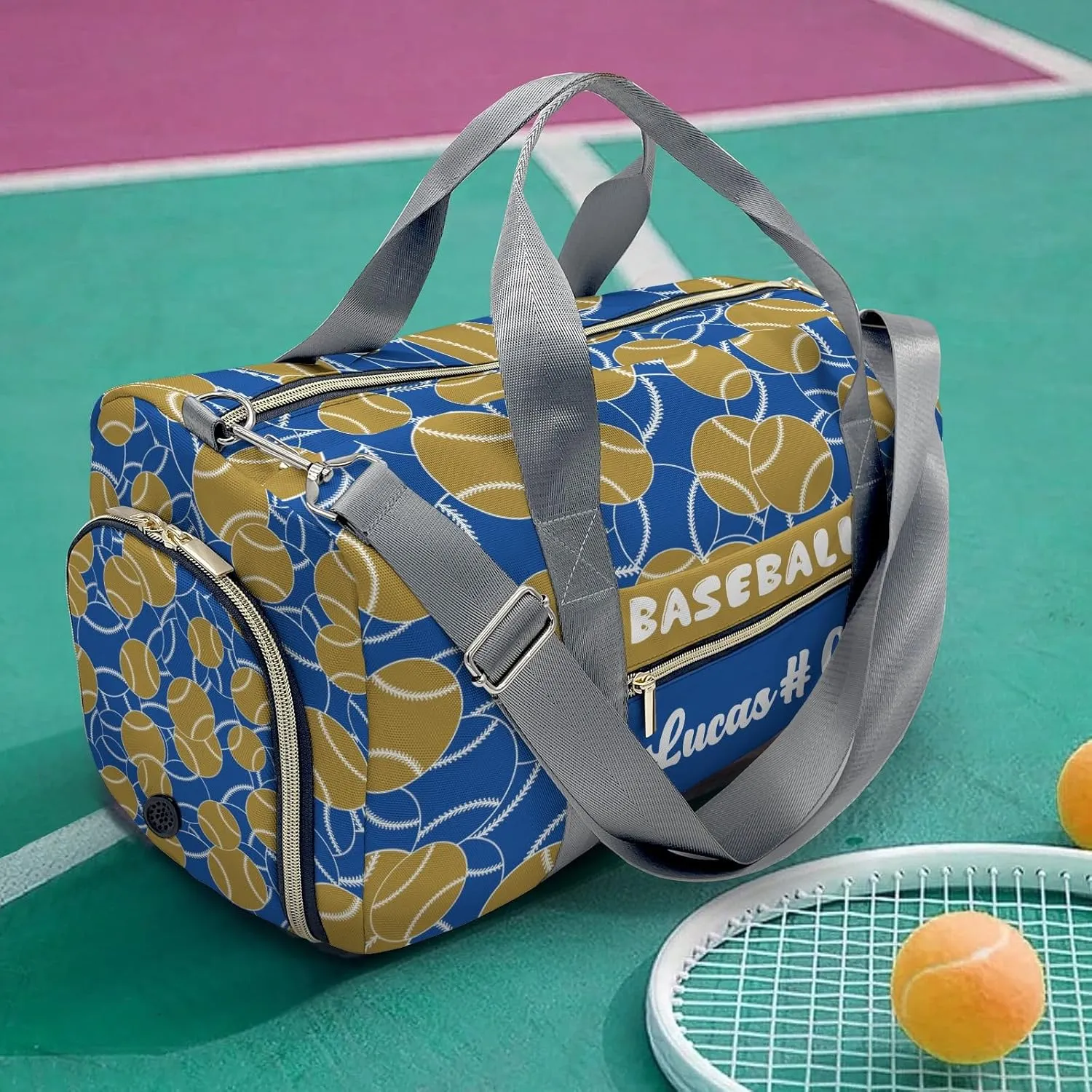 Personalized Baseball Gold Blue Duffle Bag (Can Store Shoes) with Name for Women Man Custom Travel Perform Training Bag