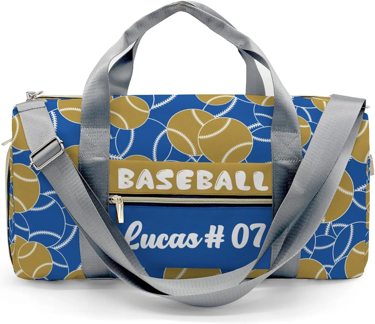 Personalized Baseball Gold Blue Duffle Bag (Can Store Shoes) with Name for Women Man Custom Travel Perform Training Bag