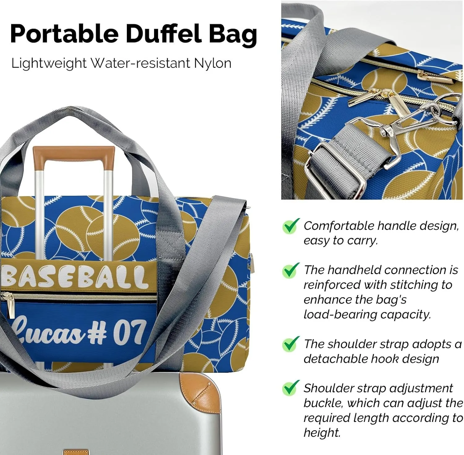 Personalized Baseball Gold Blue Duffle Bag (Can Store Shoes) with Name for Women Man Custom Travel Perform Training Bag