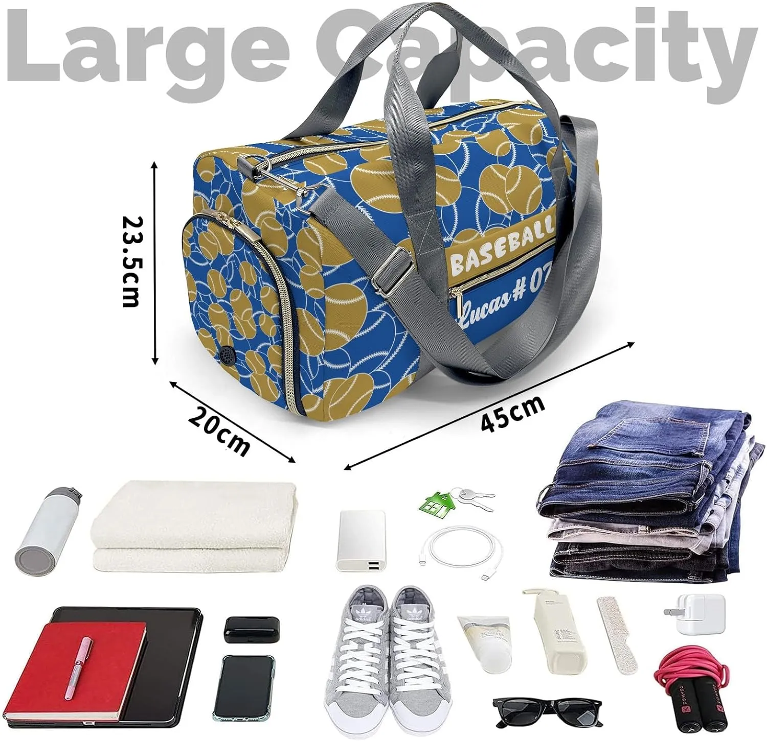 Personalized Baseball Gold Blue Duffle Bag (Can Store Shoes) with Name for Women Man Custom Travel Perform Training Bag