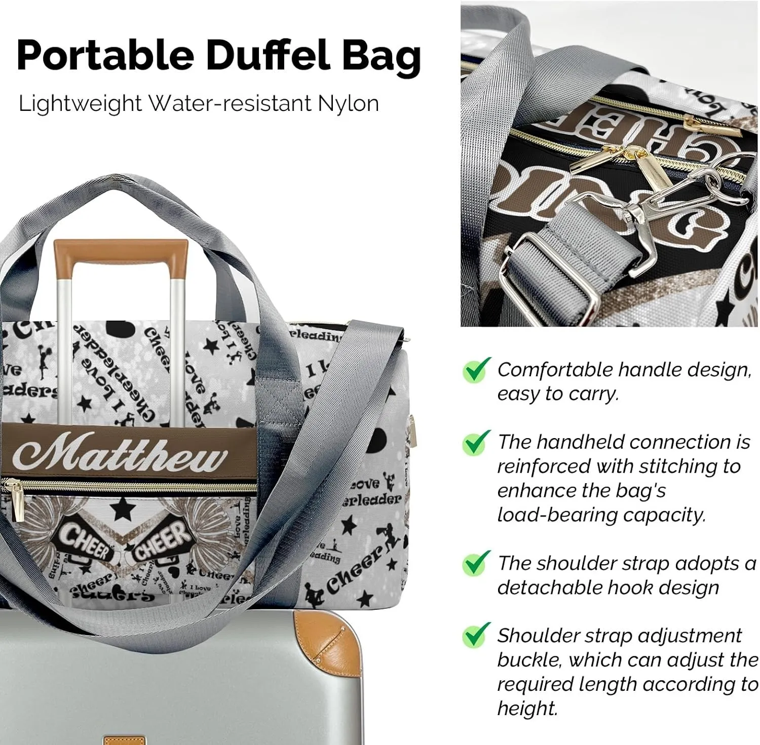 Personalized Cheerleading Brown Bling Print Duffle Bag with Name for Women Girls Custom Travel Perform Training Bag Gifts