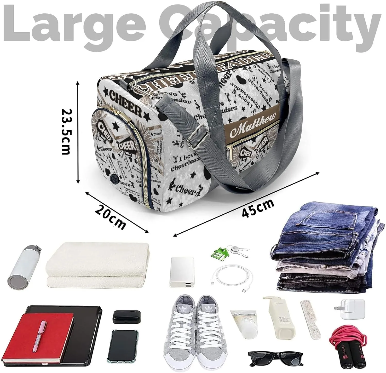 Personalized Cheerleading Brown Bling Print Duffle Bag with Name for Women Girls Custom Travel Perform Training Bag Gifts