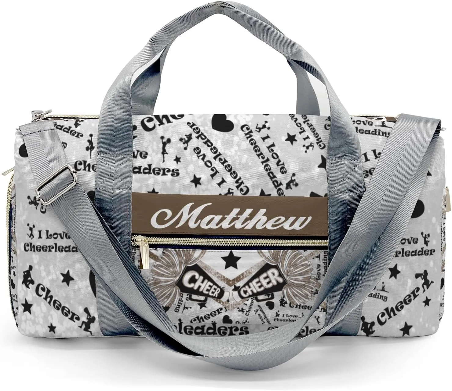 Personalized Cheerleading Brown Bling Print Duffle Bag with Name for Women Girls Custom Travel Perform Training Bag Gifts