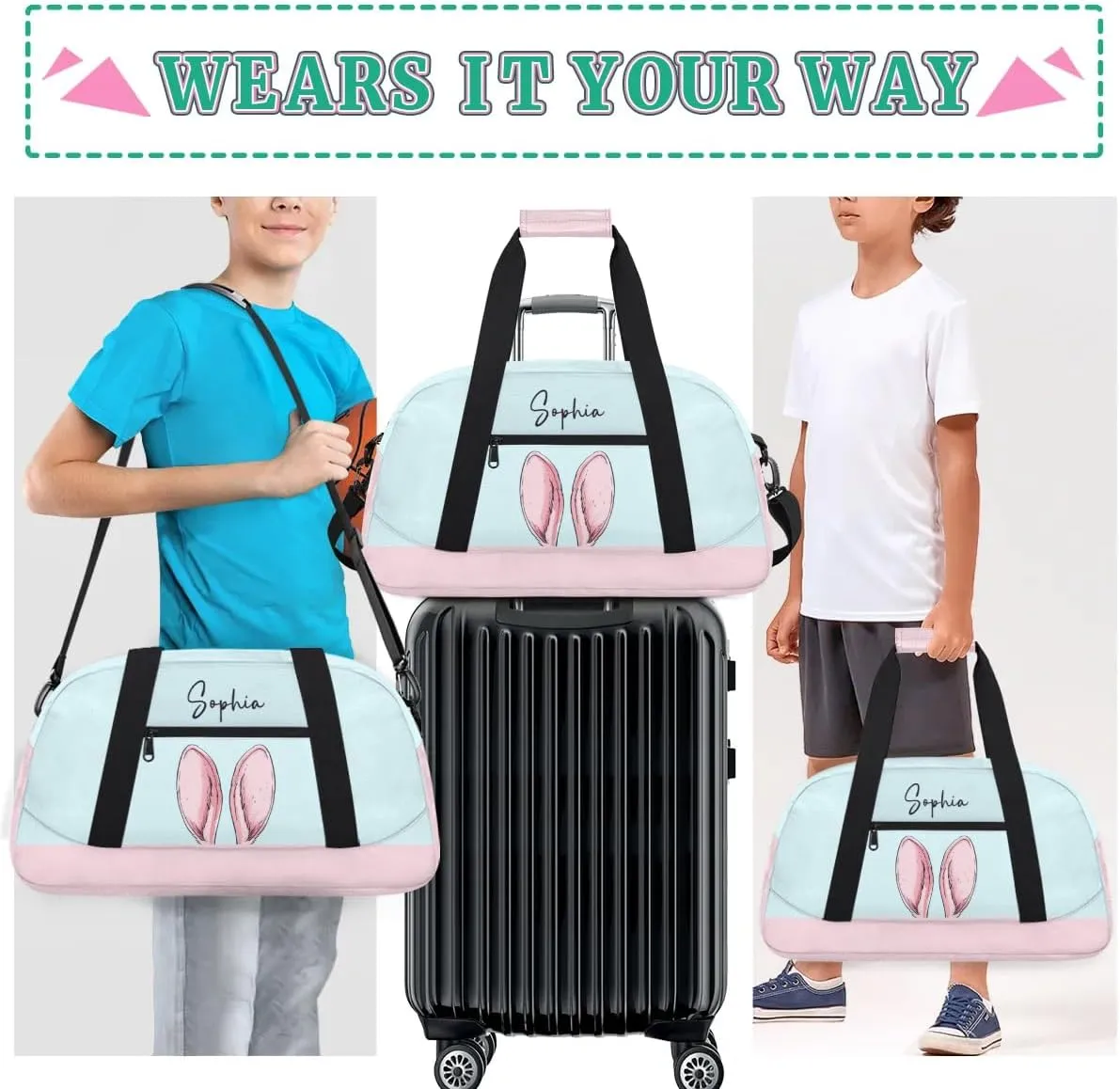 Personalized Cute-Duffel-Bag for-Girls-Kids Gym Bag with Name Small Dance-Bag Overnight Tote Bag Light Blue Travel Tote Bag