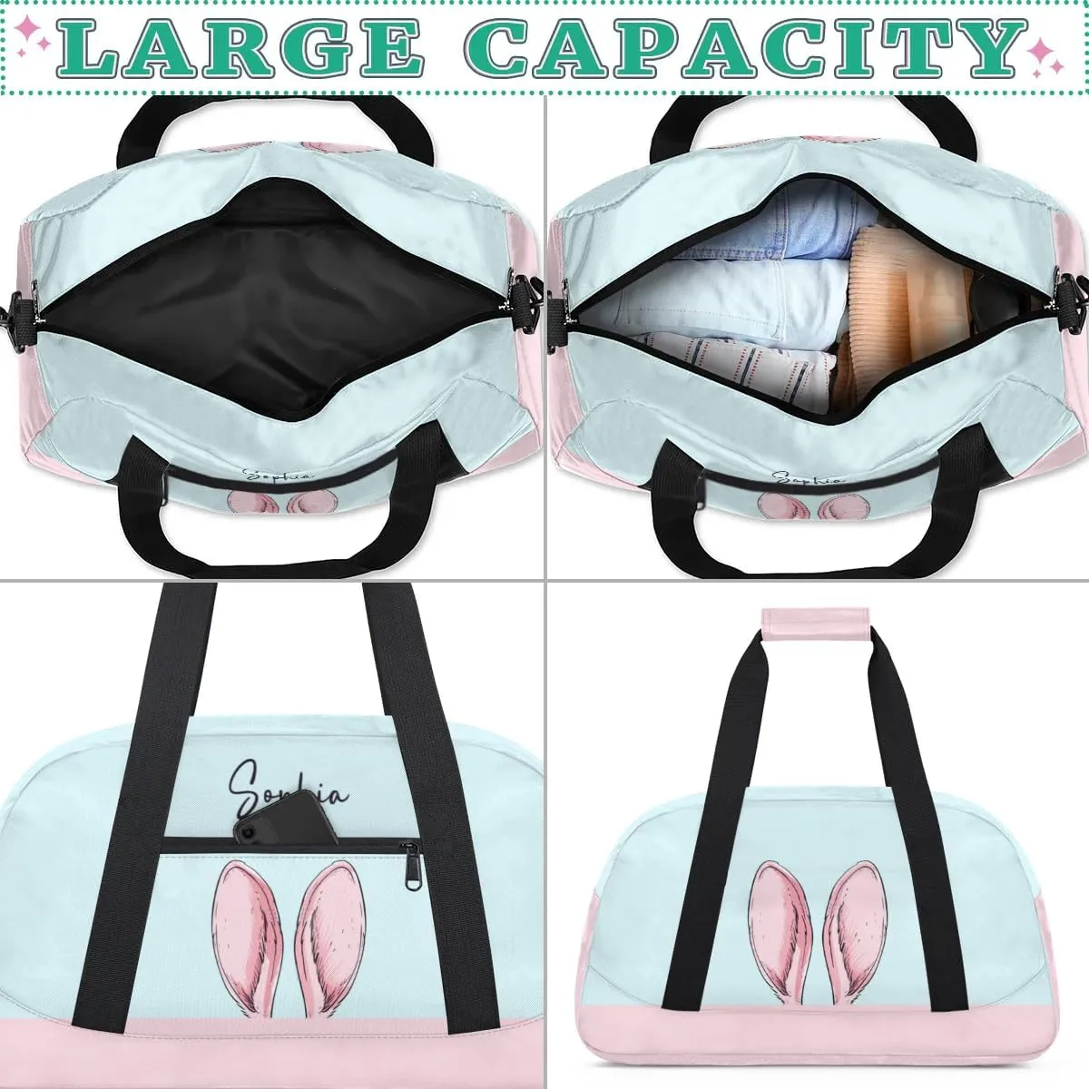 Personalized Cute-Duffel-Bag for-Girls-Kids Gym Bag with Name Small Dance-Bag Overnight Tote Bag Light Blue Travel Tote Bag