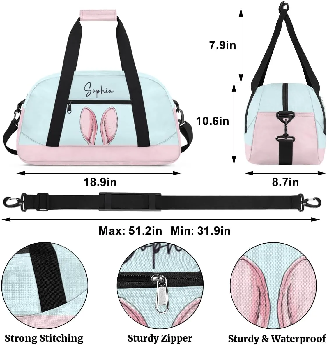 Personalized Cute-Duffel-Bag for-Girls-Kids Gym Bag with Name Small Dance-Bag Overnight Tote Bag Light Blue Travel Tote Bag