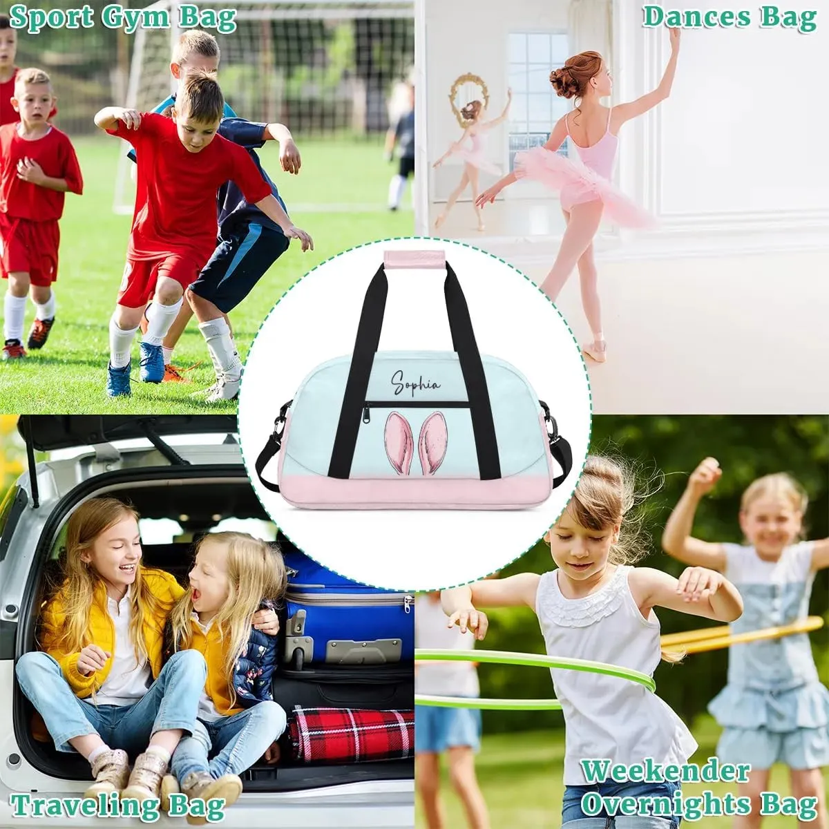 Personalized Cute-Duffel-Bag for-Girls-Kids Gym Bag with Name Small Dance-Bag Overnight Tote Bag Light Blue Travel Tote Bag