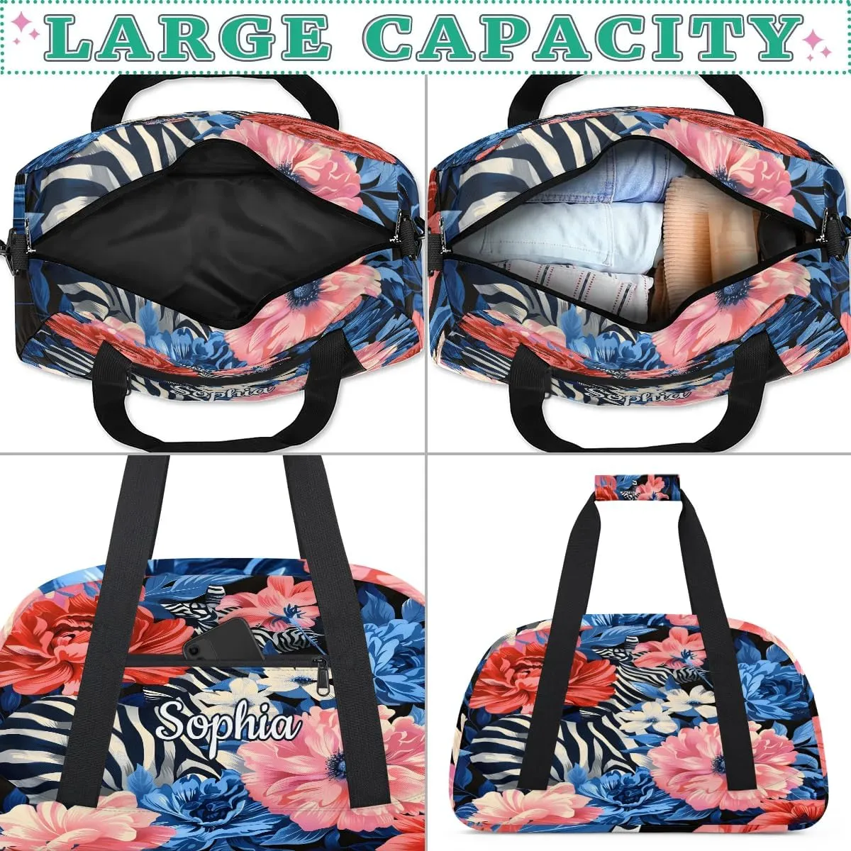 Personalized Duffel Bags for Kids Custom Gym Bag for Boys Girls Travel Tote Luggage Bags Pink Flowers