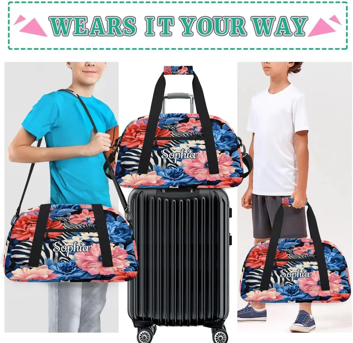 Personalized Duffel Bags for Kids Custom Gym Bag for Boys Girls Travel Tote Luggage Bags Pink Flowers