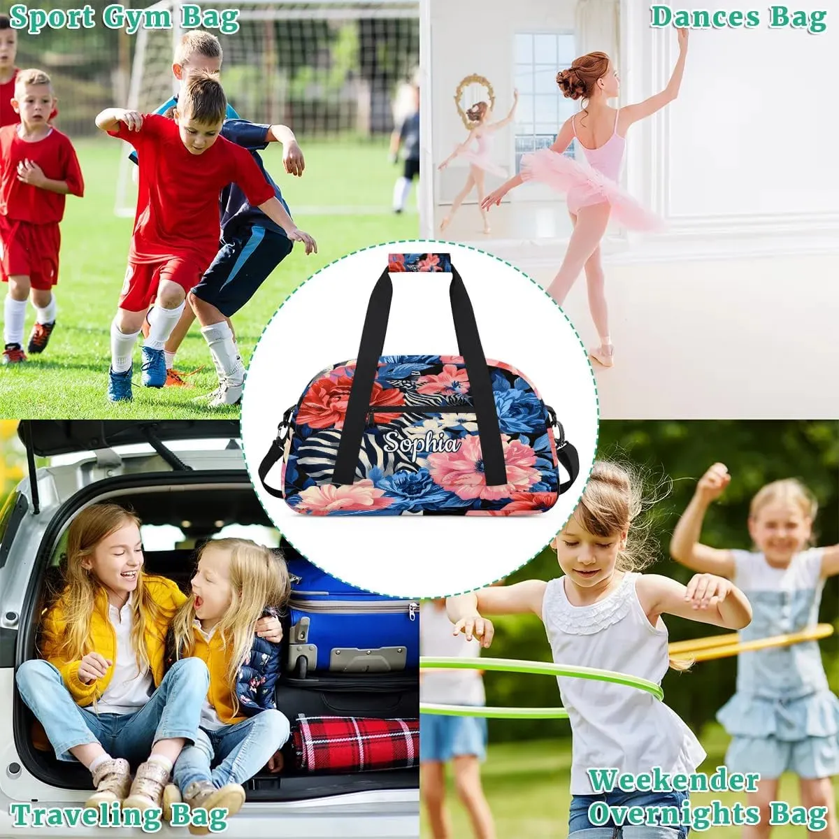 Personalized Duffel Bags for Kids Custom Gym Bag for Boys Girls Travel Tote Luggage Bags Pink Flowers