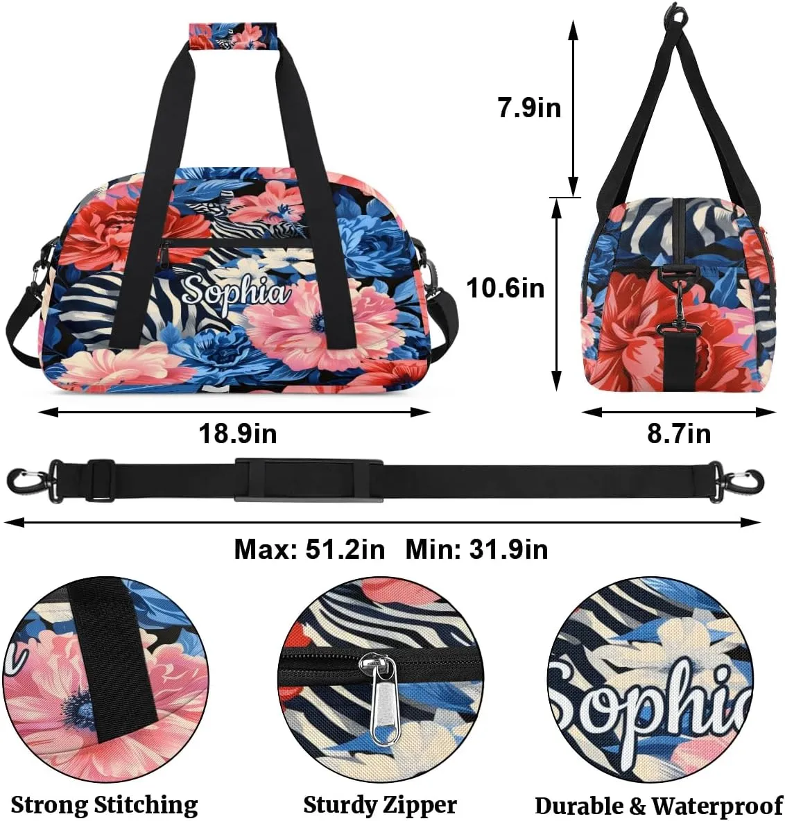Personalized Duffel Bags for Kids Custom Gym Bag for Boys Girls Travel Tote Luggage Bags Pink Flowers
