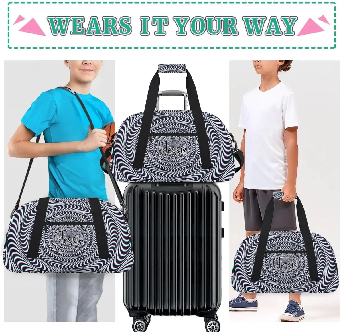 Personalized Duffels Bags for Kids Custom Gym Bag Small Dance Bag Luggage Bags for Boys and Girls Abstract Illusion Print