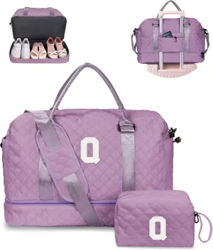 Personalized Gifts-Initial Overnight Bag with Shoe Compartment, Personalized Weekender Bag, Monogram Overnight Bag, Letter Travel Bag with Makeup Bag，Birthday Gift For Women Girl (Letter Q)