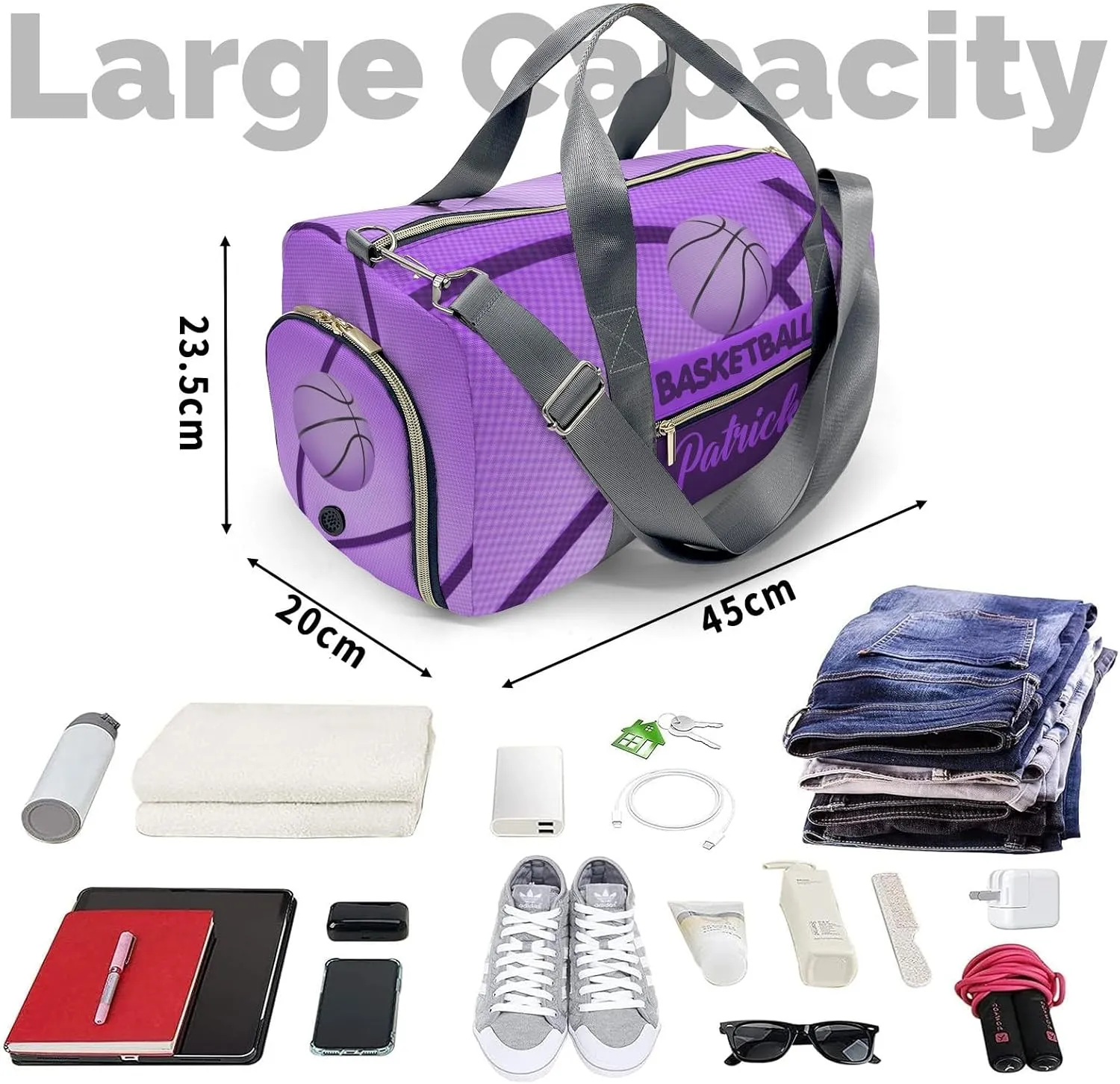 Personalized Name Gym Bag Sports Duffel Bags Purple Basketball Print Gymnastics Travel Perform Training Casual Bag