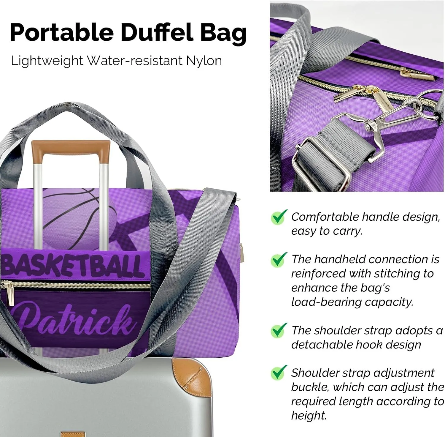 Personalized Name Gym Bag Sports Duffel Bags Purple Basketball Print Gymnastics Travel Perform Training Casual Bag
