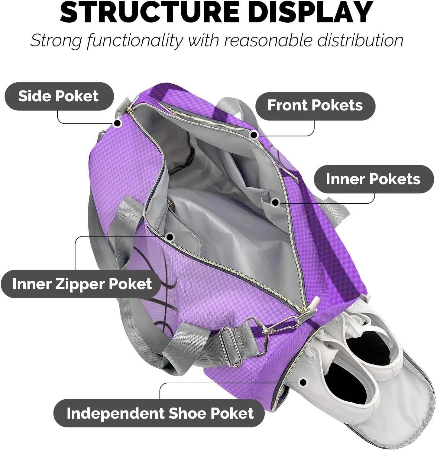 Personalized Name Gym Bag Sports Duffel Bags Purple Basketball Print Gymnastics Travel Perform Training Casual Bag