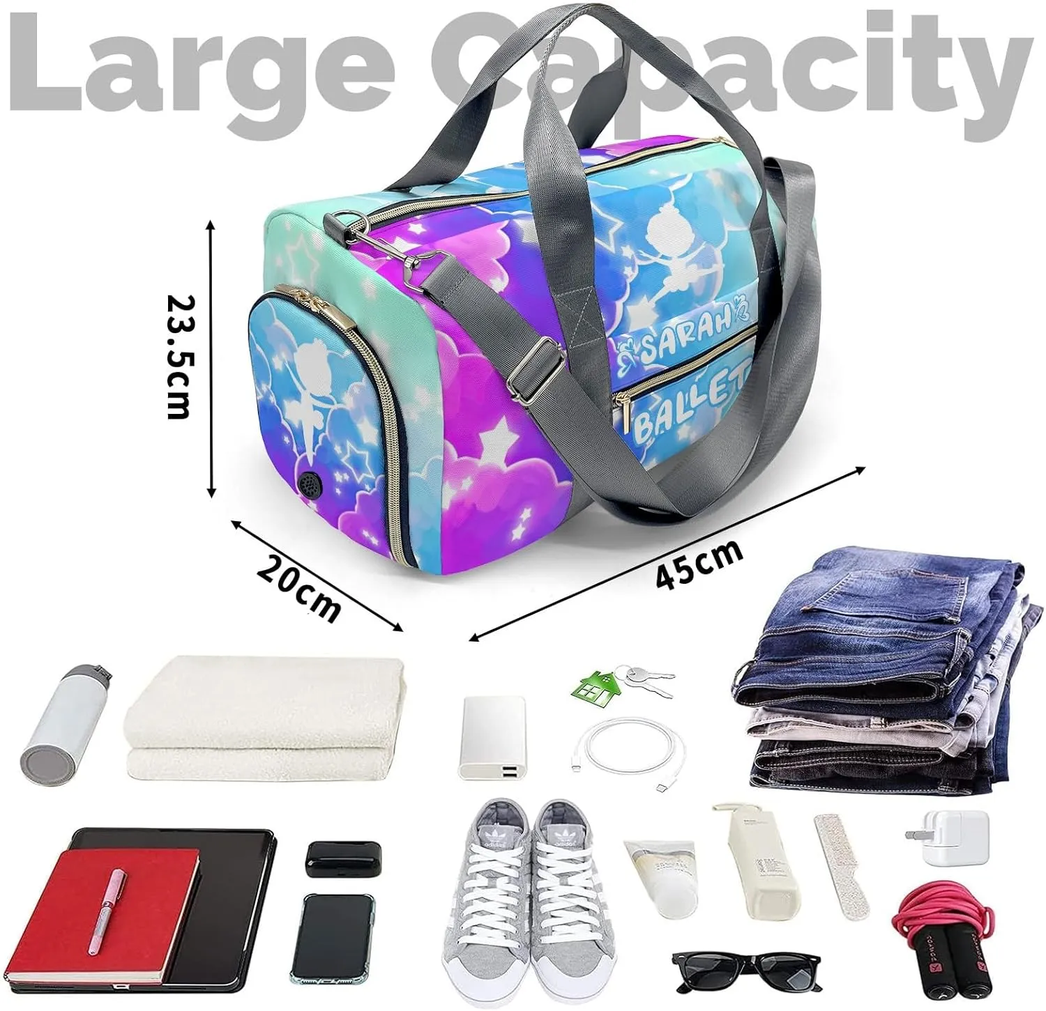 Personalized Name Sports Duffel Bags Dancer Colorful Clouds Star Gymnastics Travel Perform Training Casual Bag