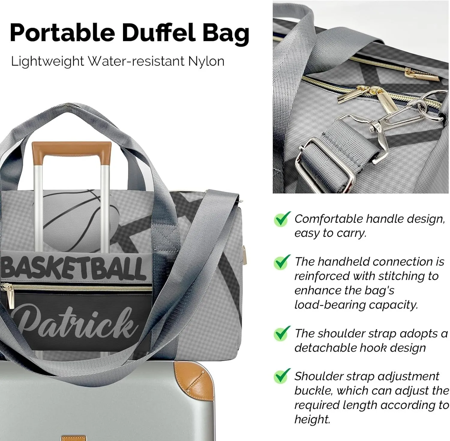 Personalized Name Sports Duffel Bags Gray Basketball Print Gymnastics Travel Perform Training Casual Bag
