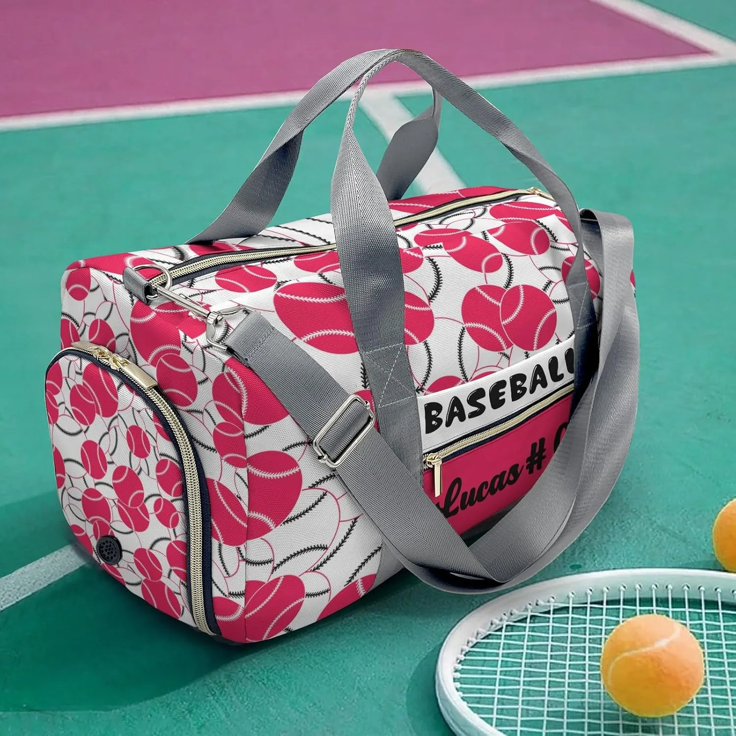 Personalized Name Sports Player Duffel Bags Baseball Fuchsia Pink Red White Travel Perform Training Casual Bag Student