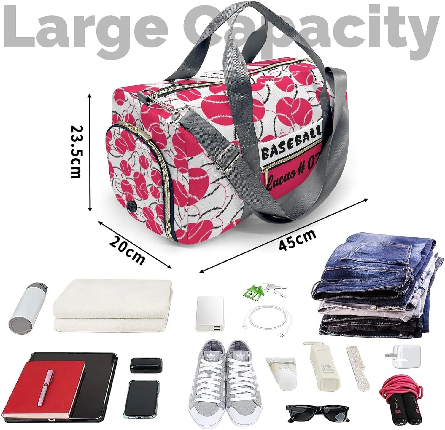 Personalized Name Sports Player Duffel Bags Baseball Fuchsia Pink Red White Travel Perform Training Casual Bag Student
