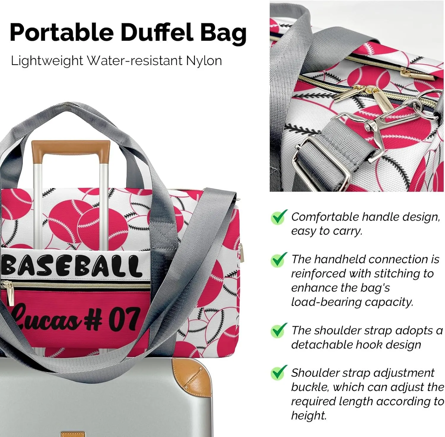 Personalized Name Sports Player Duffel Bags Baseball Fuchsia Pink Red White Travel Perform Training Casual Bag Student