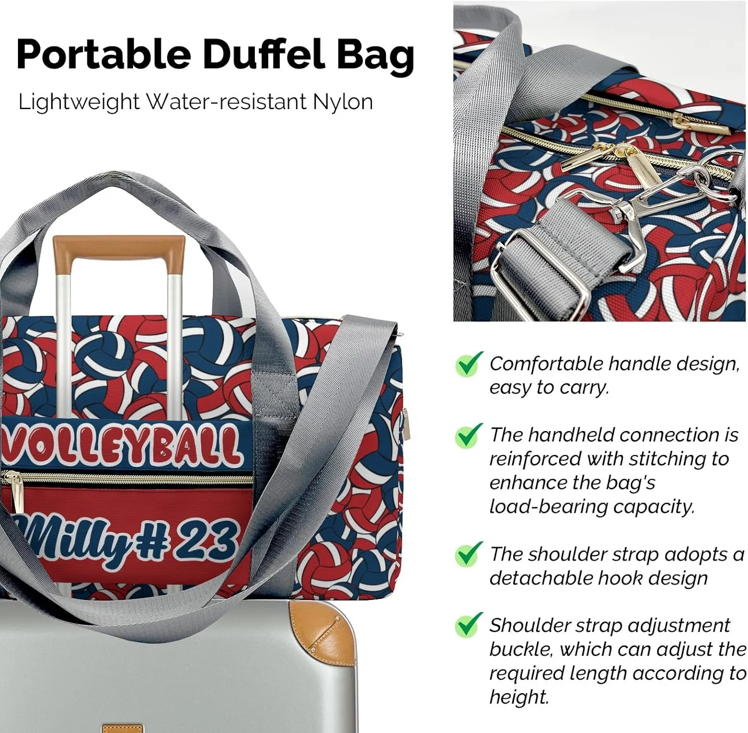 Personalized Name Sports Player Duffel Bags Navy Red Volleyball Sports Travel Perform Training Casual Bag