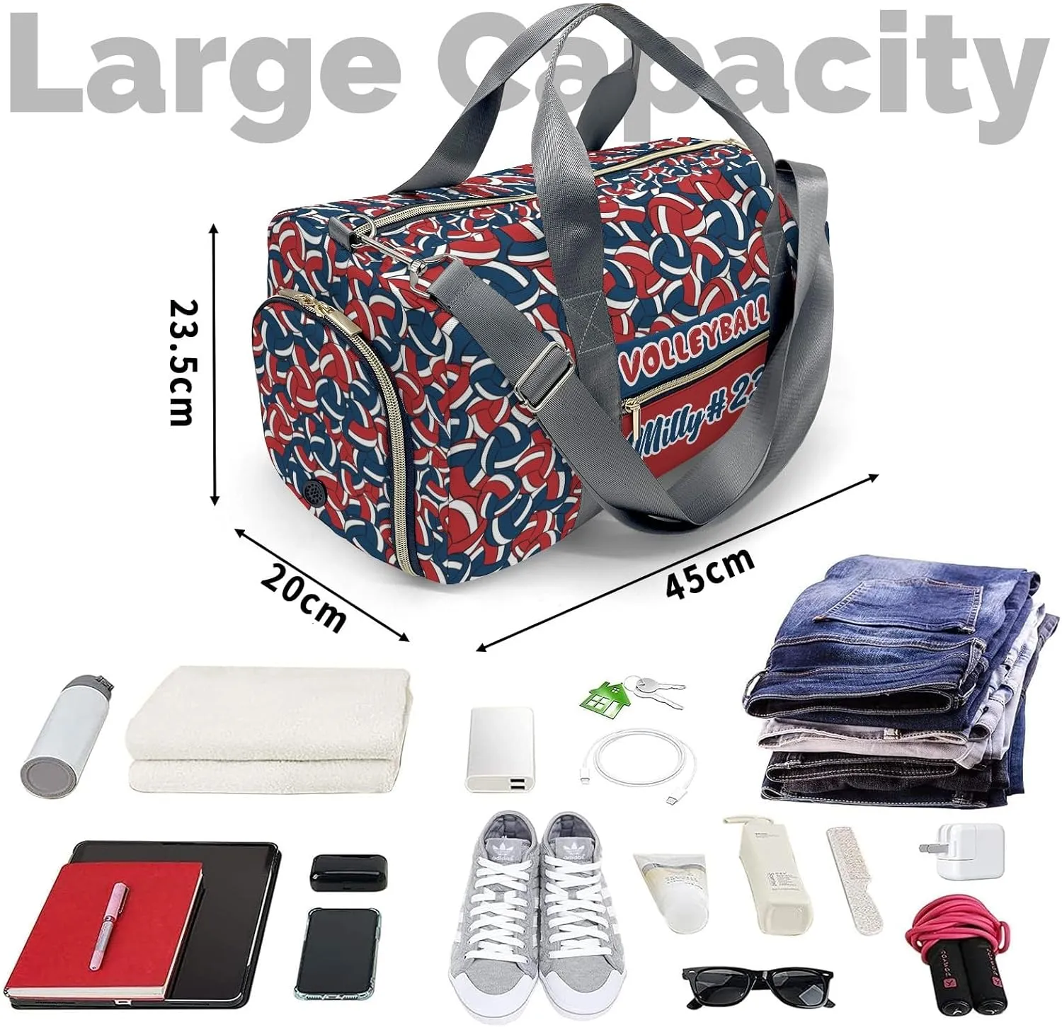 Personalized Name Sports Player Duffel Bags Navy Red Volleyball Sports Travel Perform Training Casual Bag