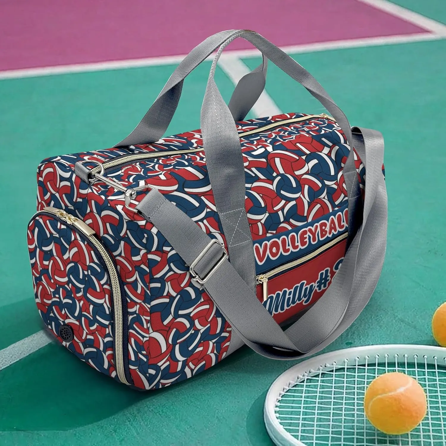 Personalized Name Sports Player Duffel Bags Navy Red Volleyball Sports Travel Perform Training Casual Bag