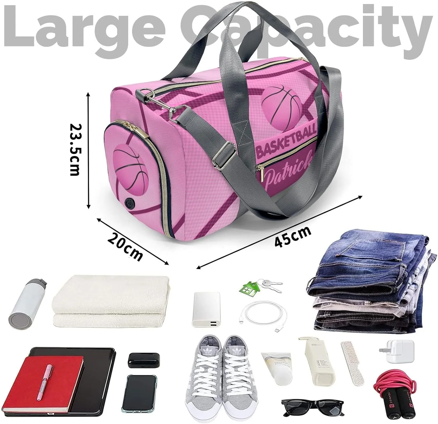 Personalized Name Travel Bag Sports Duffel Bags Basketball Print Pink Gymnastics Travel Perform Training Casual Bag