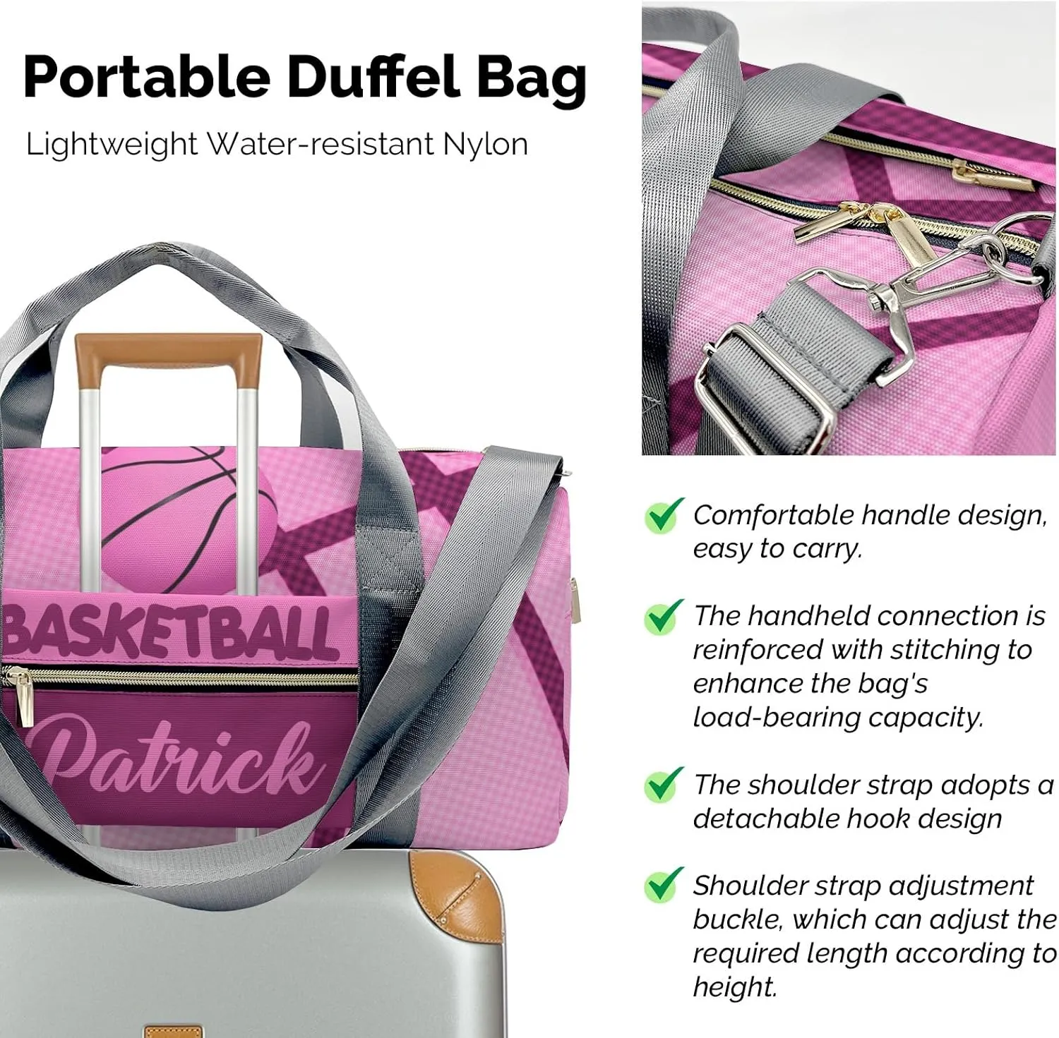 Personalized Name Travel Bag Sports Duffel Bags Basketball Print Pink Gymnastics Travel Perform Training Casual Bag