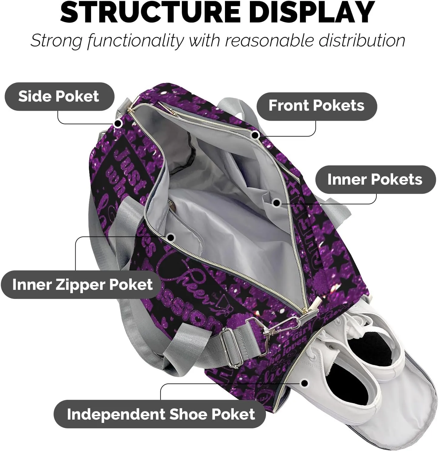 Personalized Purple Cheerleaders Glitter Print Duffle Bag with Name for Women Girls Custom Travel Perform Training Bag
