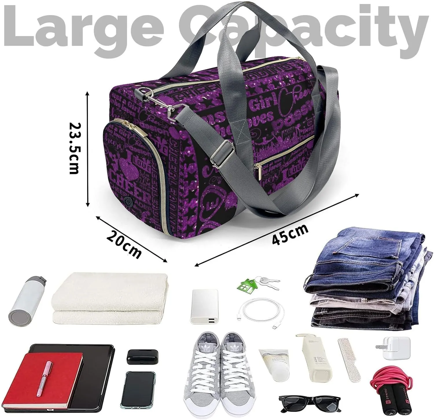 Personalized Purple Cheerleaders Glitter Print Duffle Bag with Name for Women Girls Custom Travel Perform Training Bag