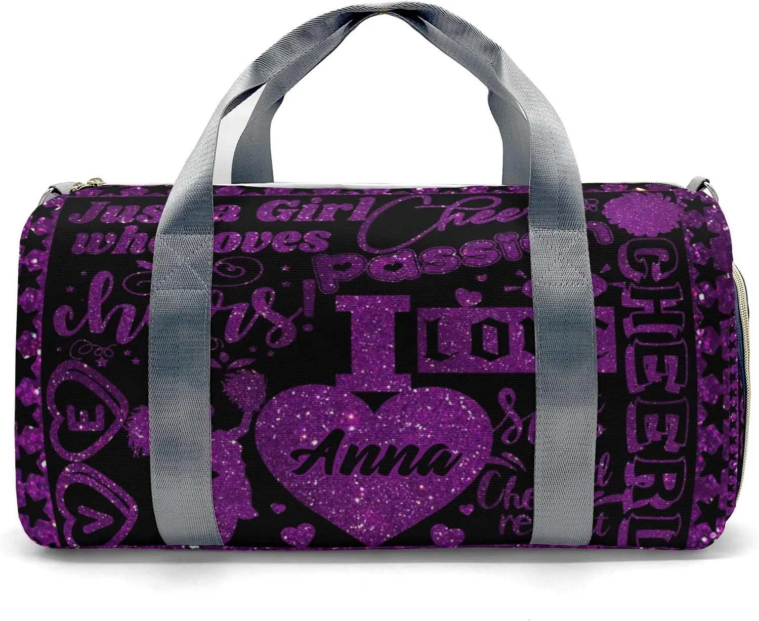 Personalized Purple Cheerleaders Glitter Print Duffle Bag with Name for Women Girls Custom Travel Perform Training Bag