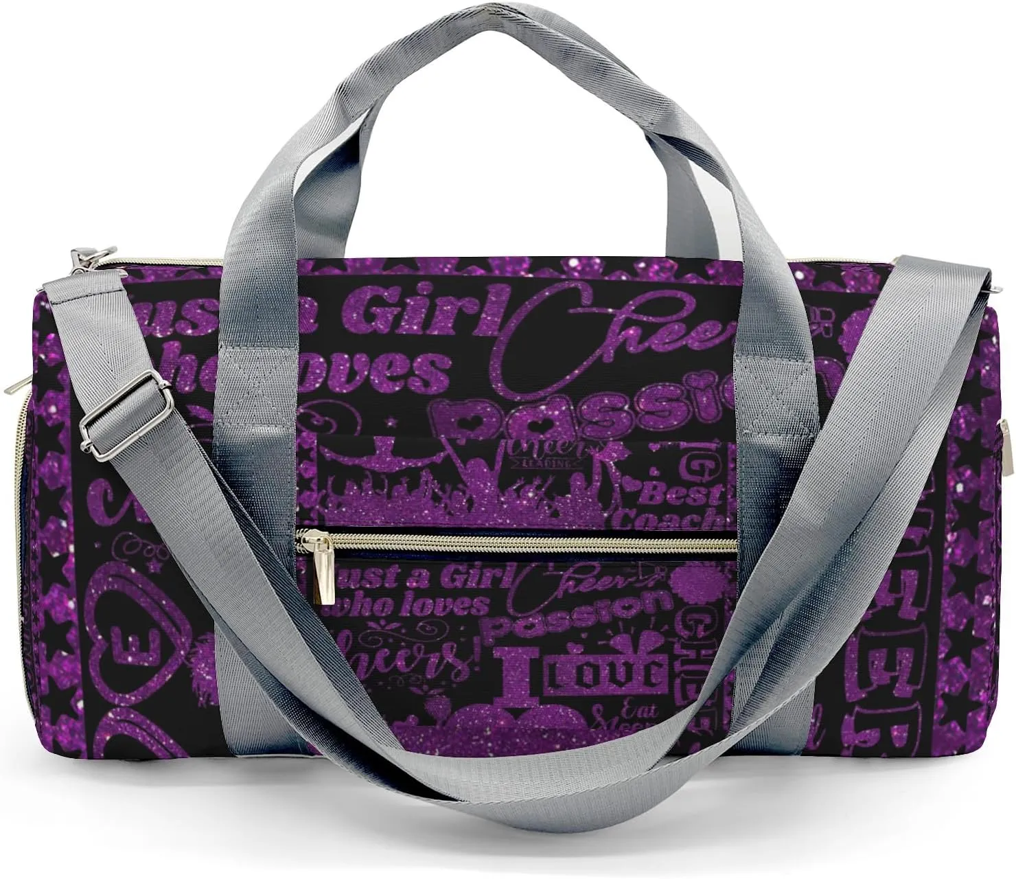 Personalized Purple Cheerleaders Glitter Print Duffle Bag with Name for Women Girls Custom Travel Perform Training Bag