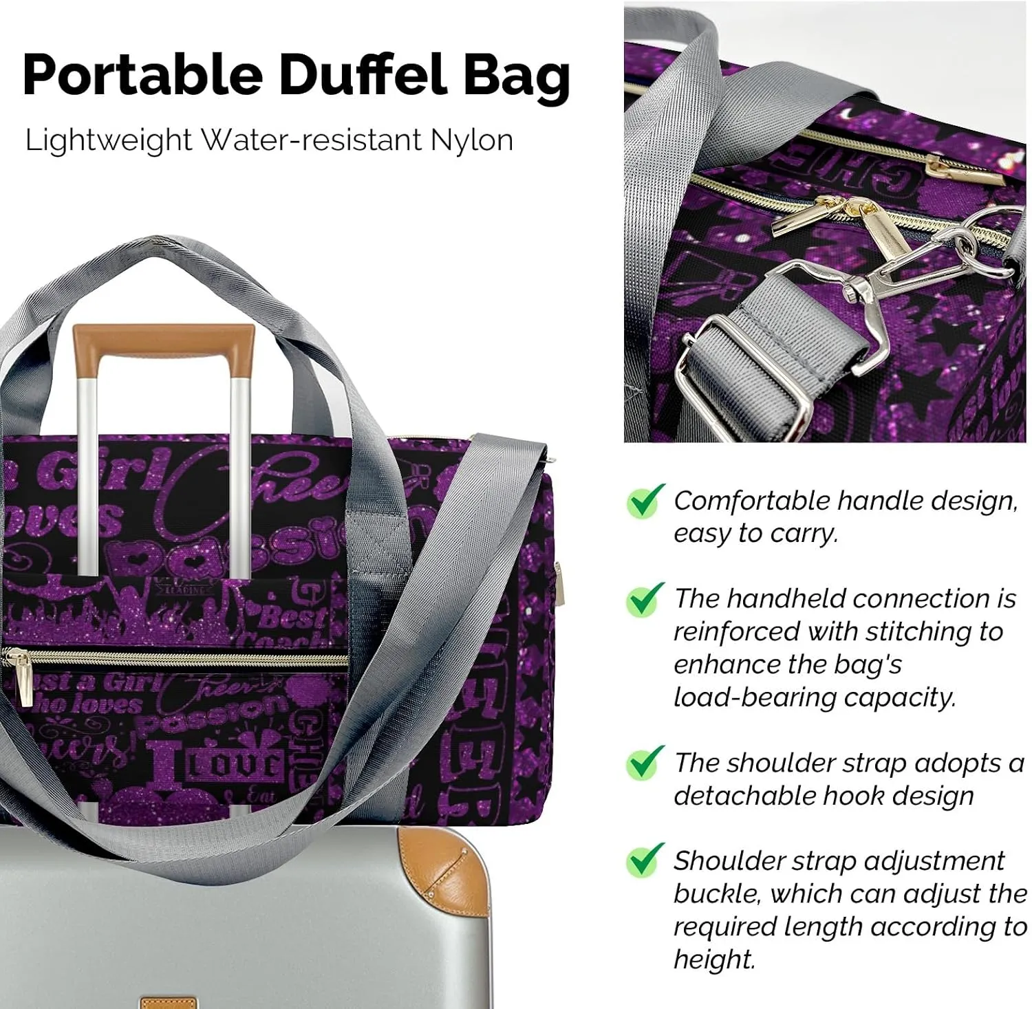 Personalized Purple Cheerleaders Glitter Print Duffle Bag with Name for Women Girls Custom Travel Perform Training Bag