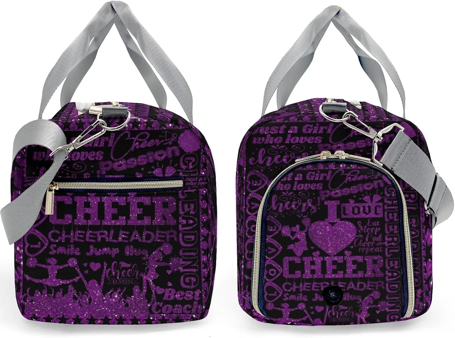 Personalized Purple Cheerleaders Glitter Print Duffle Bag with Name for Women Girls Custom Travel Perform Training Bag