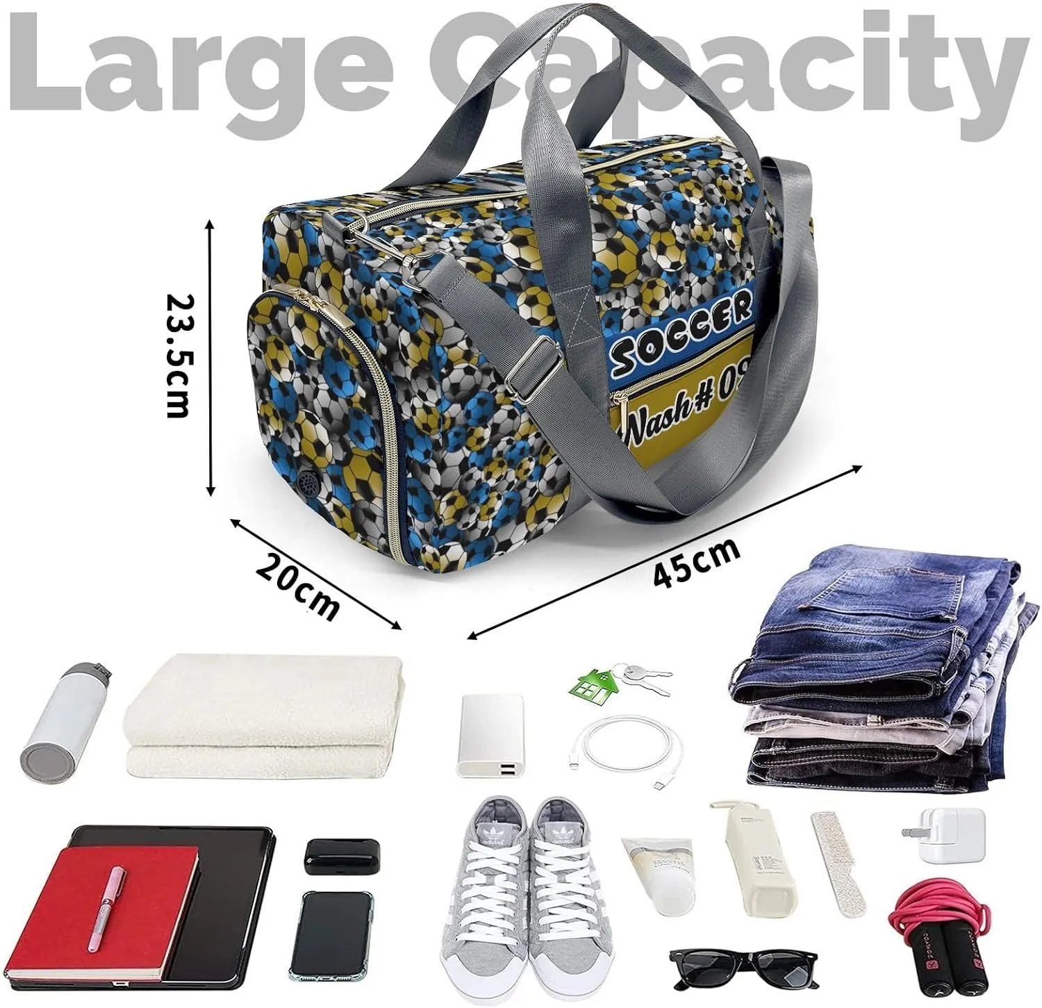 Personalized Soccer Golden Olive Blue Duffle Bag with Name for Women Man Custom Travel Perform Training Bag School Bags