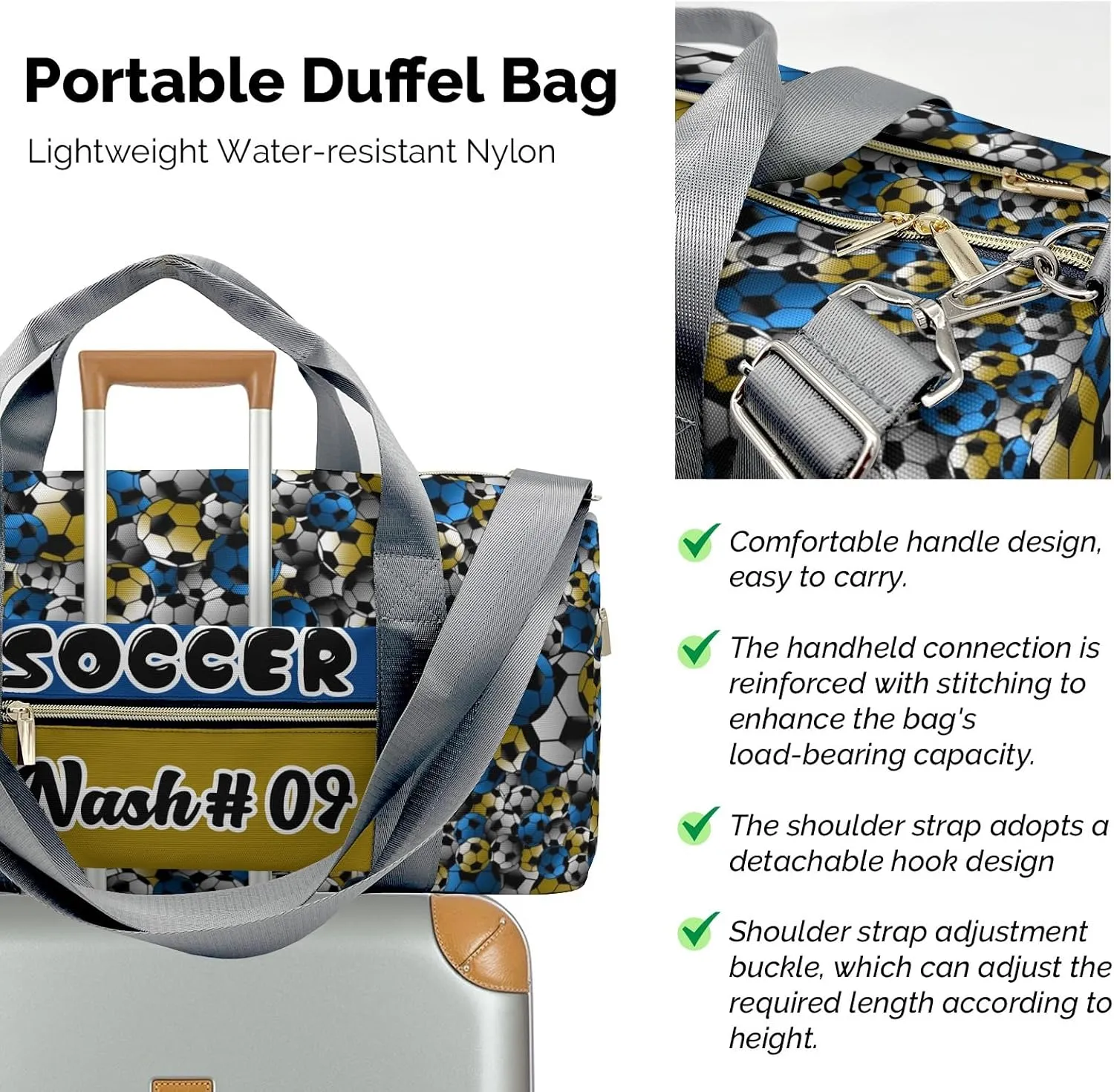 Personalized Soccer Golden Olive Blue Duffle Bag with Name for Women Man Custom Travel Perform Training Bag School Bags