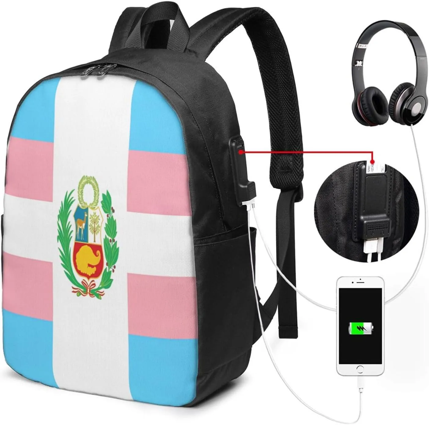 Peru Peruvian LGBT Rainbow Pride Flag Laptop Backpacks Travel Backpack Casual Business Daypack Sport Rucksack Computer Bag Fits up to 17 Inch Notebook with USB Port